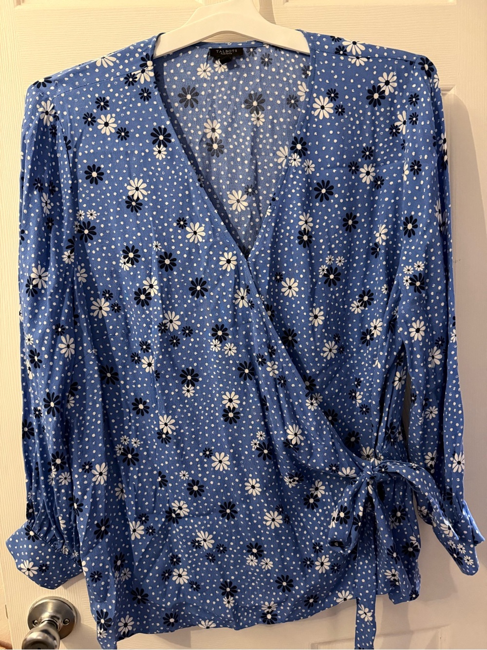 Talbots Blue Floral Wrap Blouse with Tie Waist